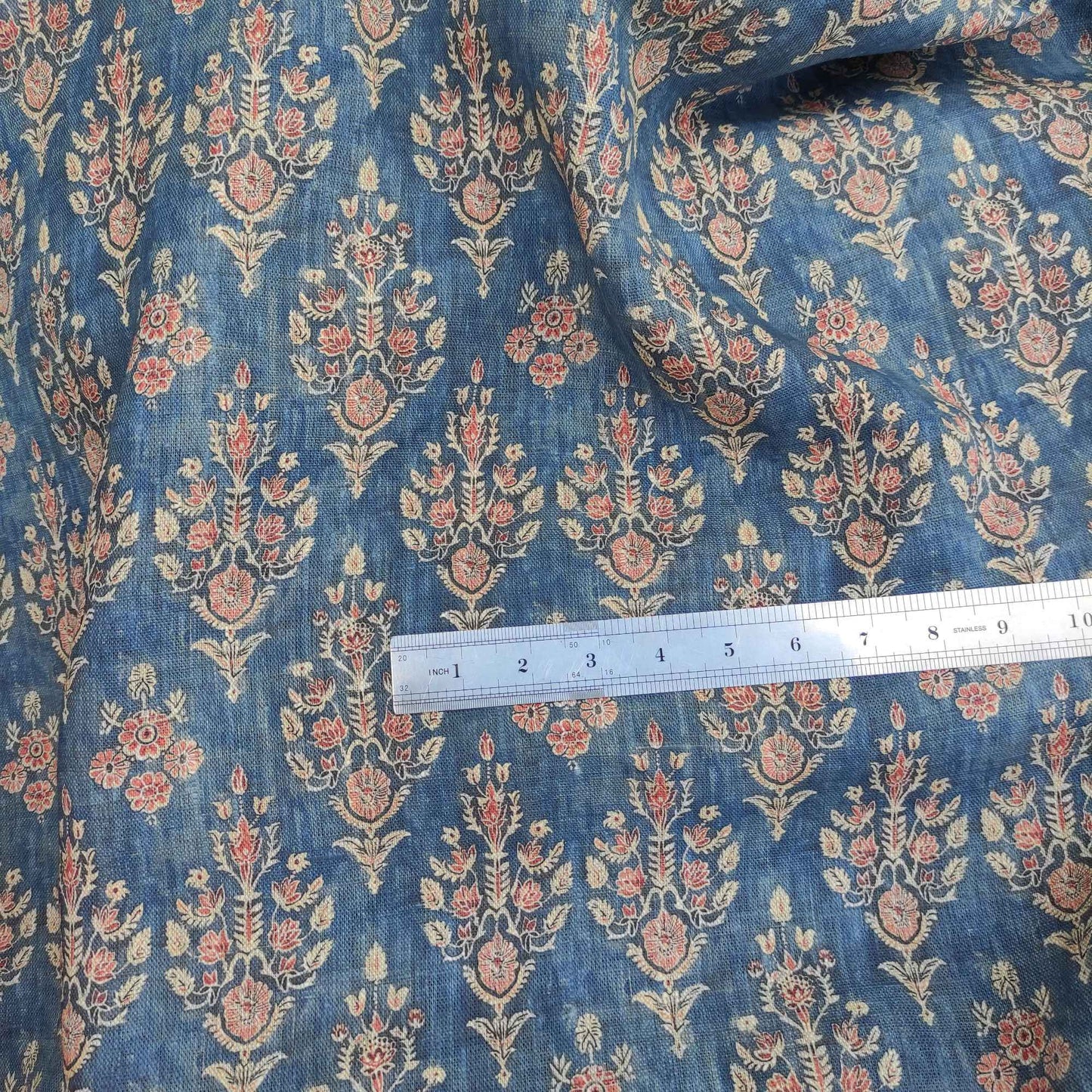 Floral linen fabric with colorfull block print on oatmeal linen LL322P - 100% linen