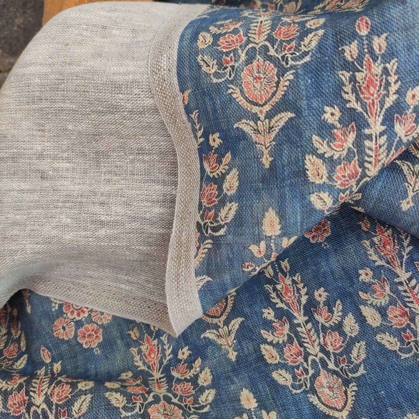 Floral linen fabric with colorfull block print on oatmeal linen LL322P - 100% linen