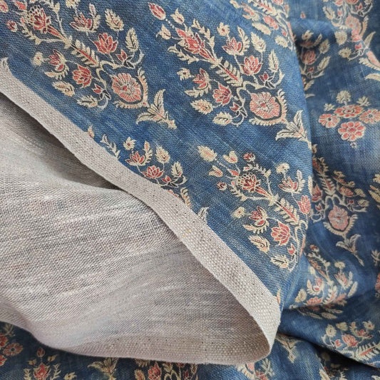 Floral linen fabric with colorfull block print on oatmeal linen LL322P - 100% linen