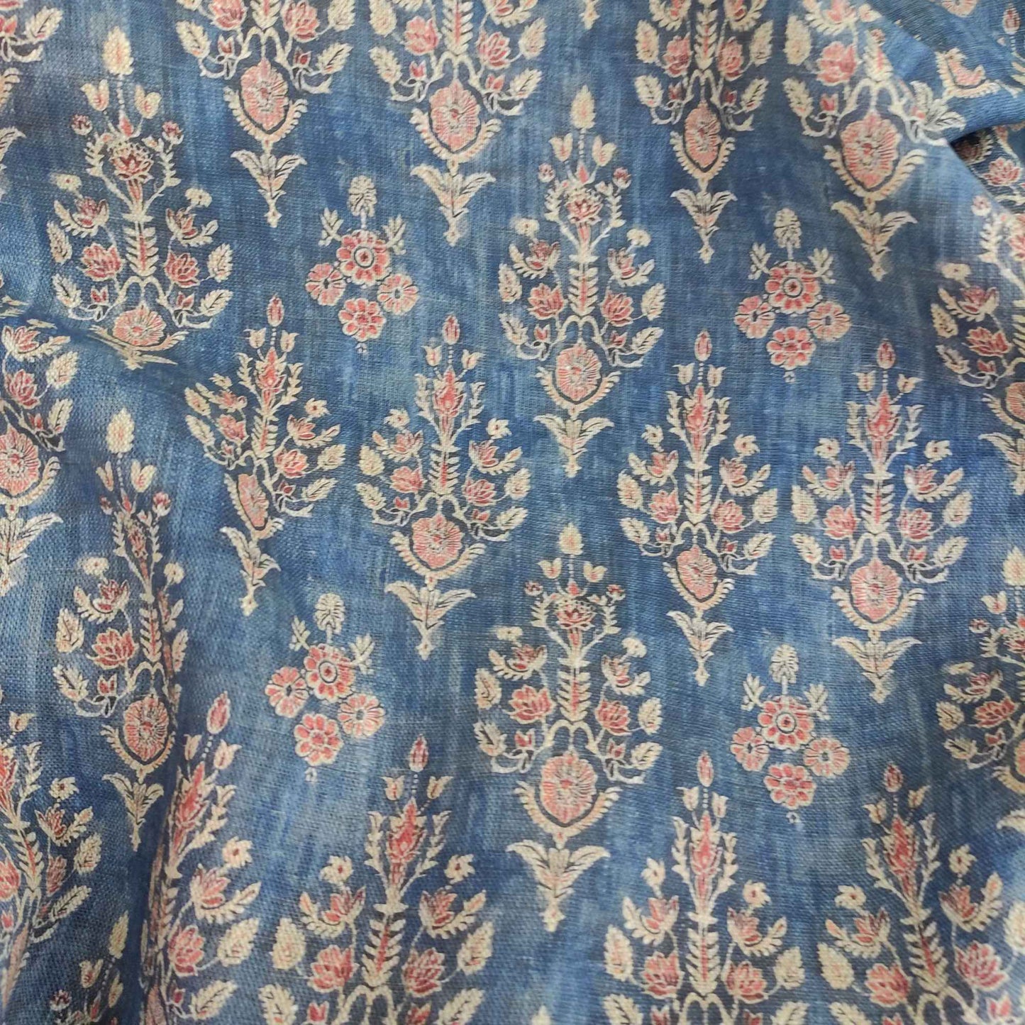 Floral linen fabric with colorfull block print on oatmeal linen LL322P - 100% linen