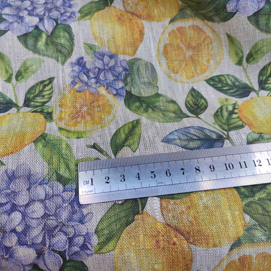 Floral linen fabric with Lemons and Hydragenas print on oatmeal linen LL323P - 100% linen