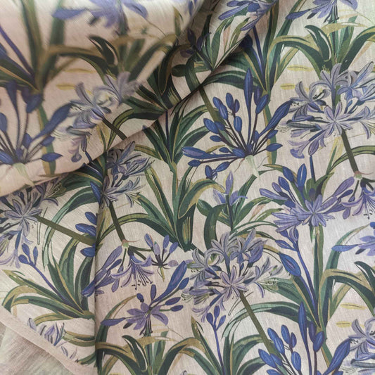 Floral linen fabric with flower print on oatmeal linen LL324P - 100% linen