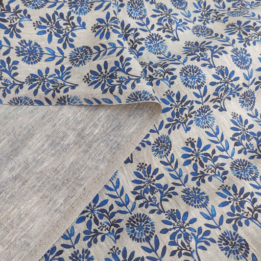 Floral linen fabric with blue block print on oatmeal linen LL325P - 100% linen