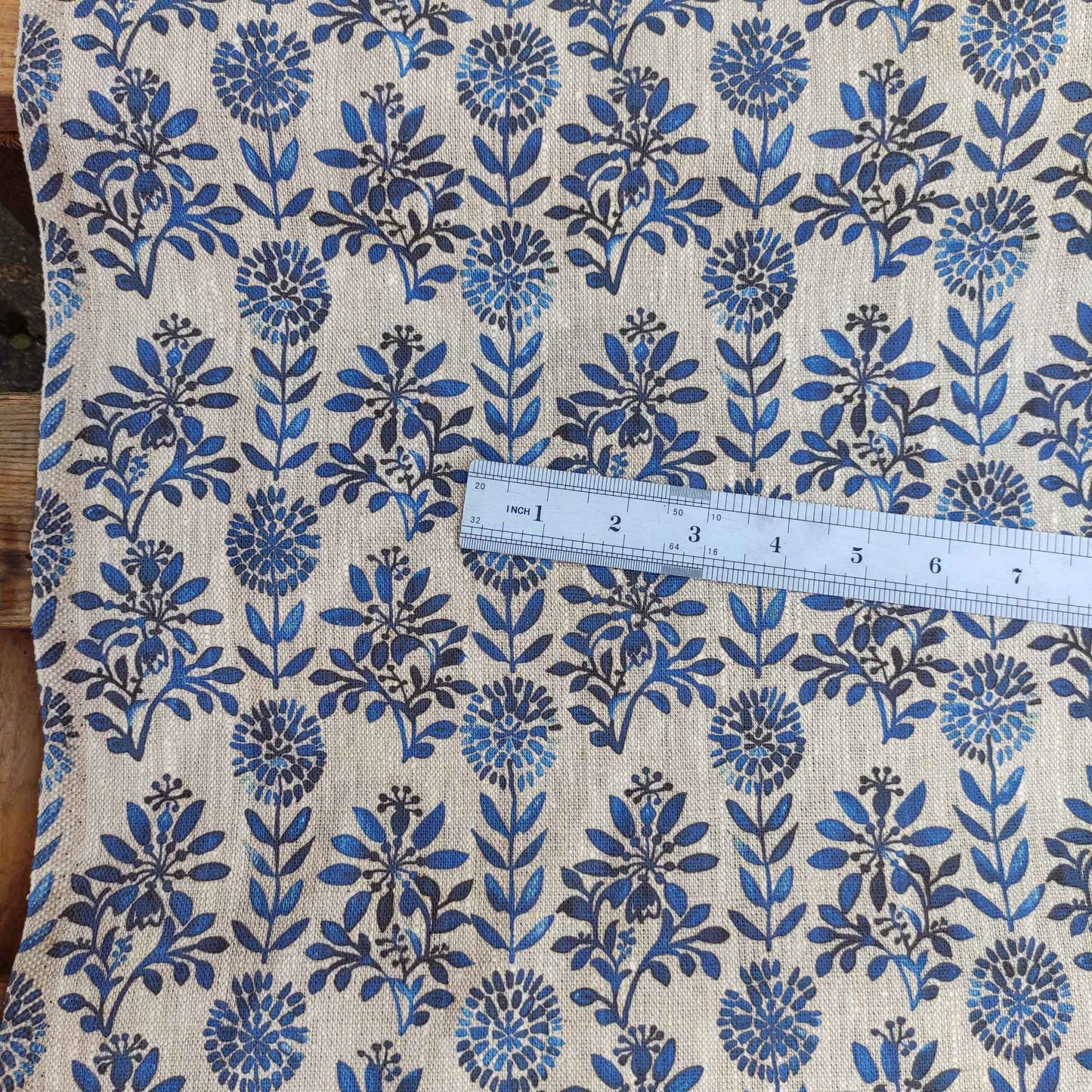 Floral linen fabric with blue block print on oatmeal linen LL325P - 100% linen