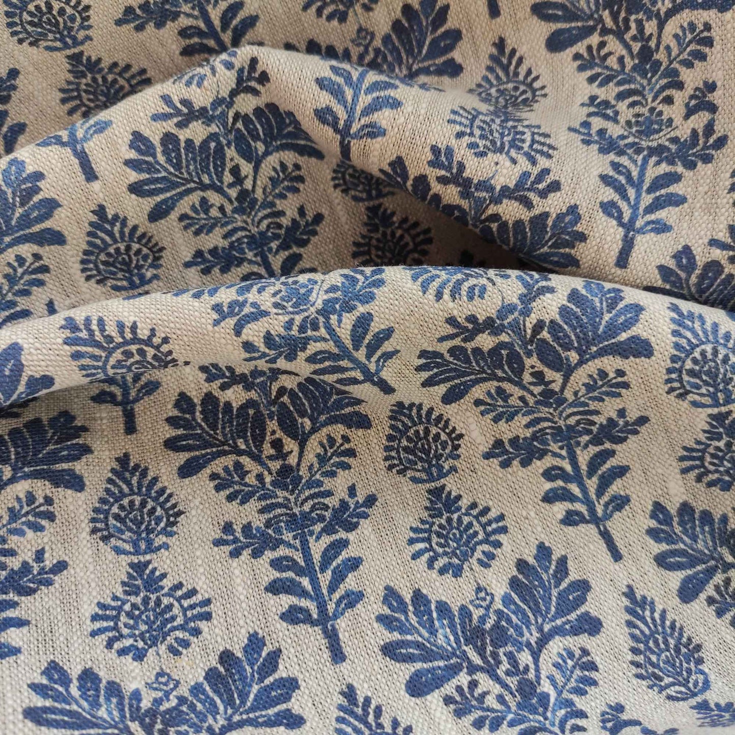 Floral linen fabric french stamp print in blue on oatmeal linen LL336P