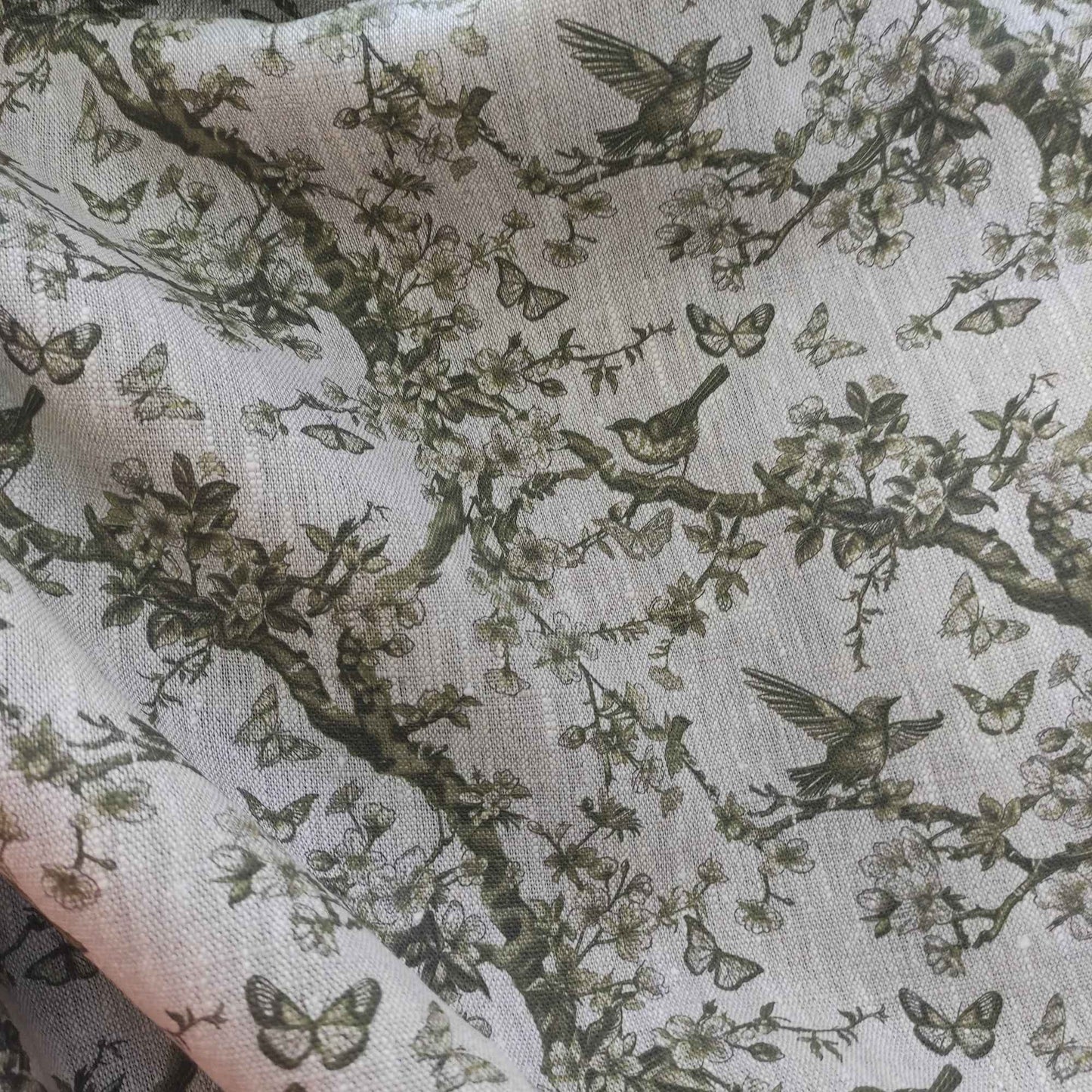 Floral linen fabric with Toile de Jouy Tree greenery LL347P - 100% linen