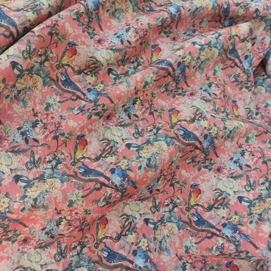Floral linen fabric with Toile de Jouy print Pink spring LL339P - 100% linen