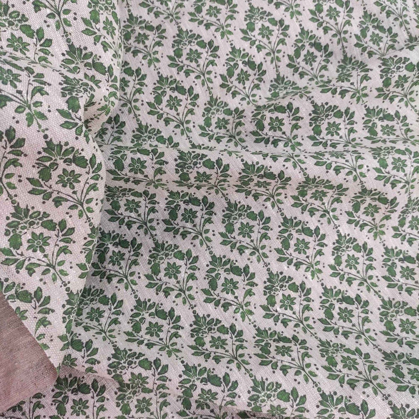 Floral linen fabric with green block print on oatmeal linen LL340P - 100% linen