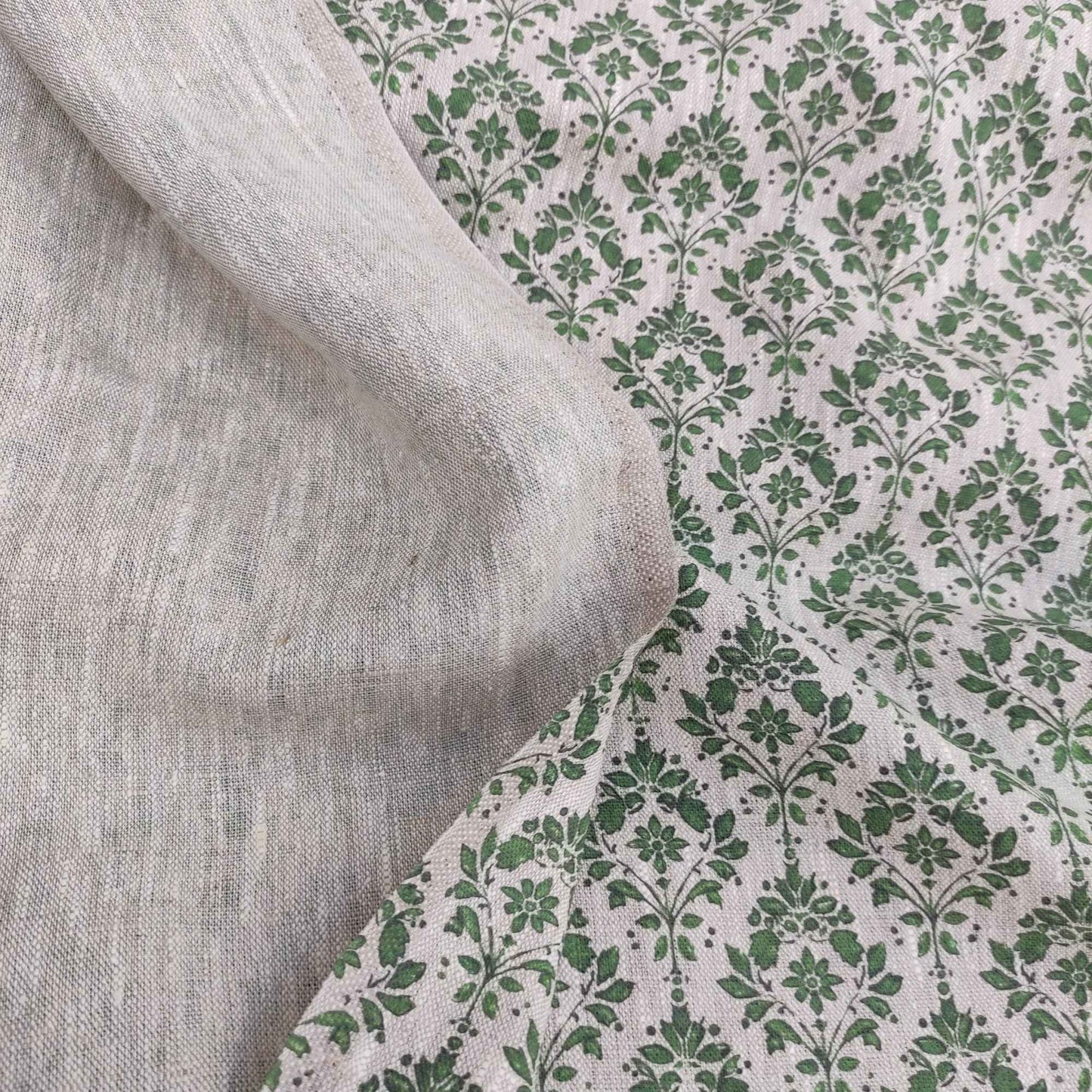 Floral linen fabric with green block print on oatmeal linen LL340P - 100% linen