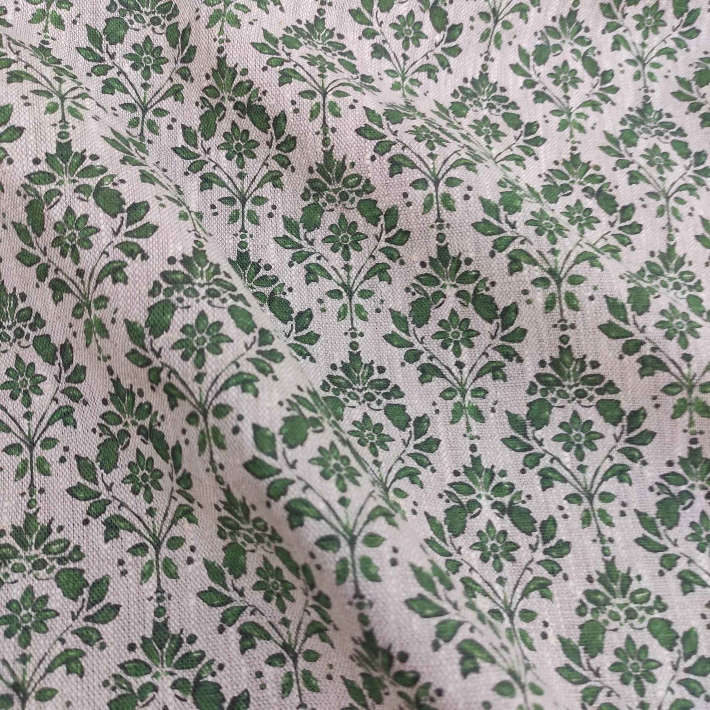 Floral linen fabric with green block print on oatmeal linen LL340P - 100% linen