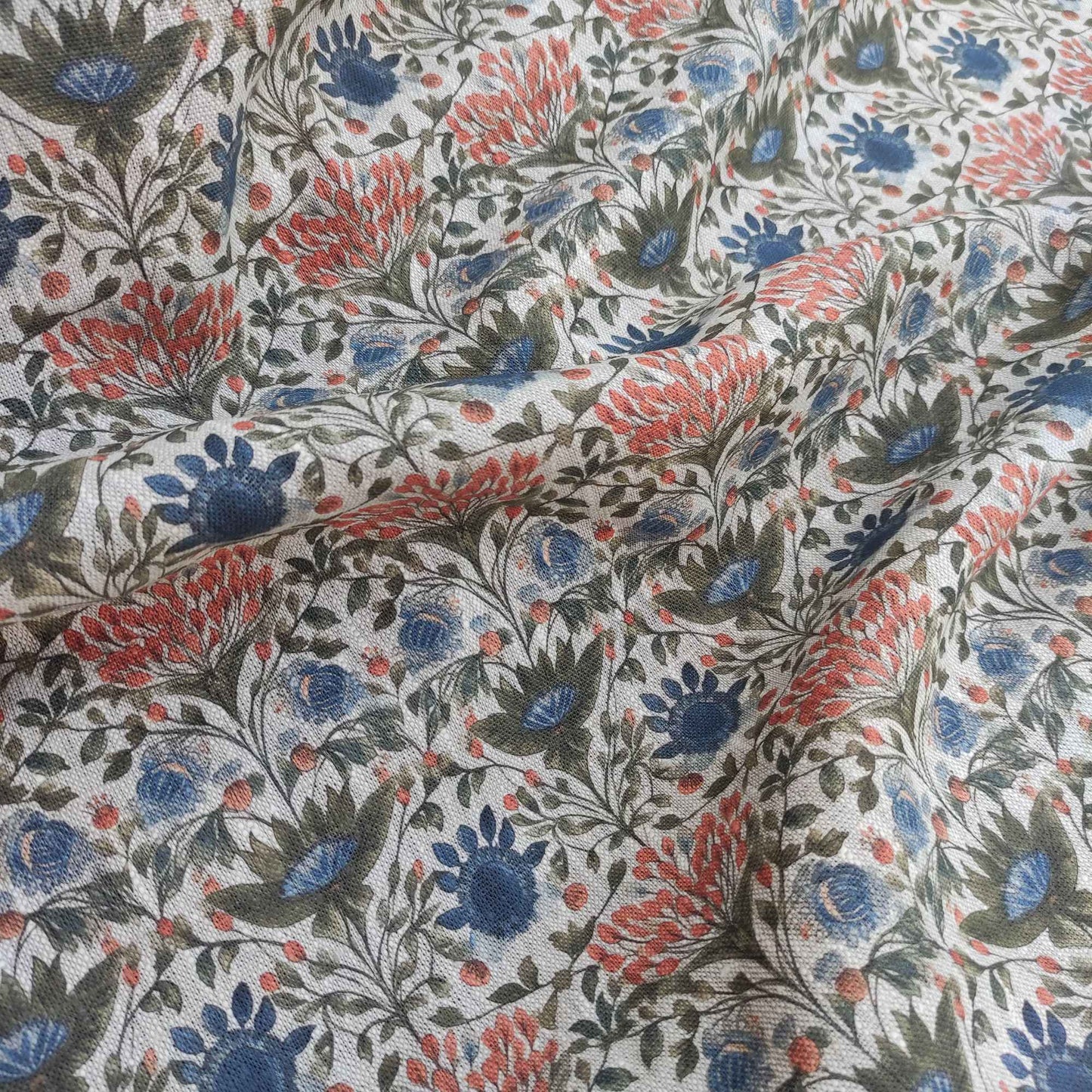 Floral linen fabric with colorfull block print on oatmeal linen LL338P - 100% linen