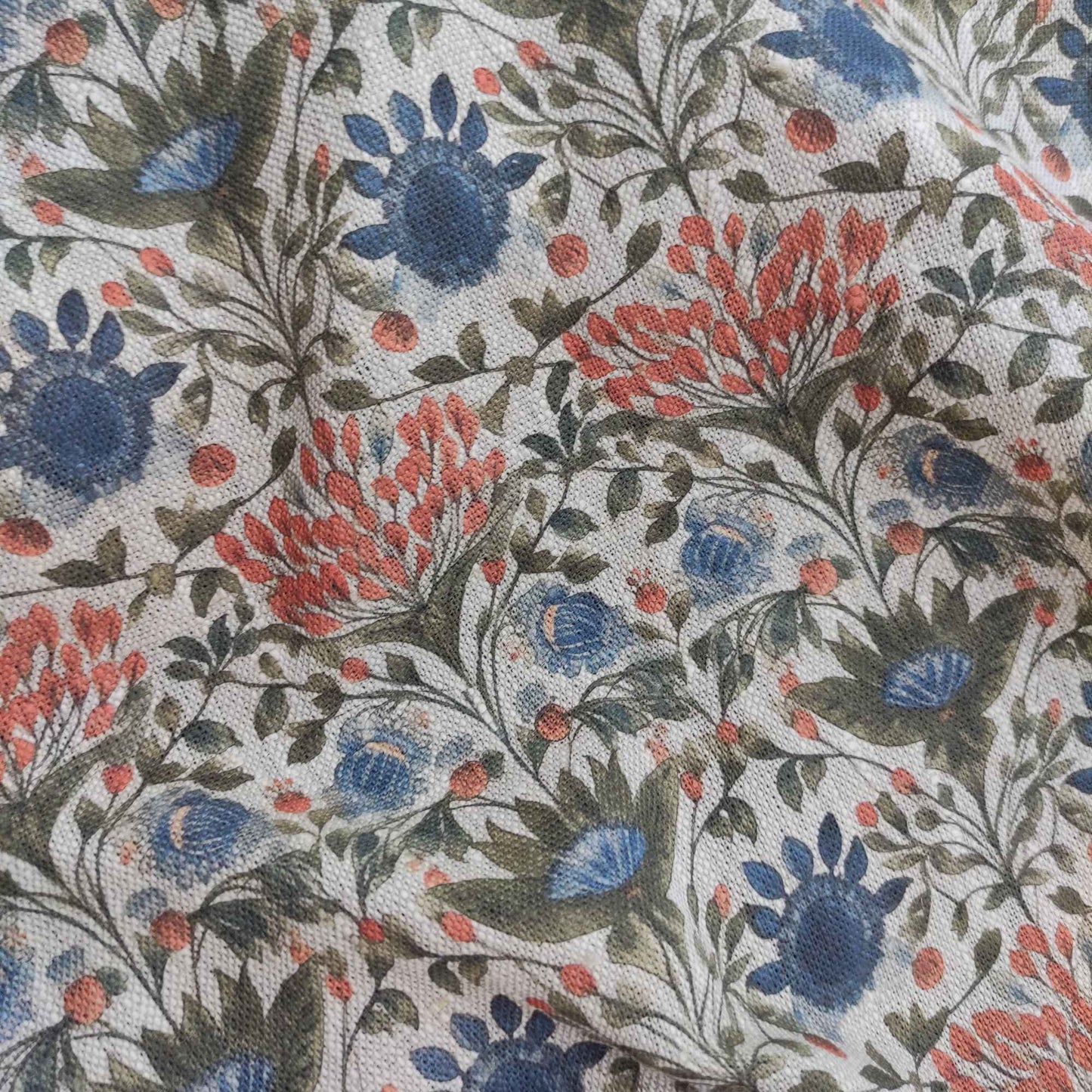 Floral linen fabric with colorfull block print on oatmeal linen LL338P - 100% linen