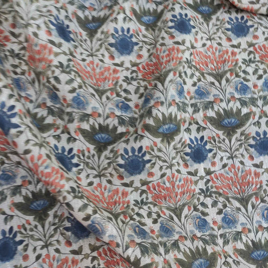 Floral linen fabric with colorfull block print on oatmeal linen LL338P - 100% linen
