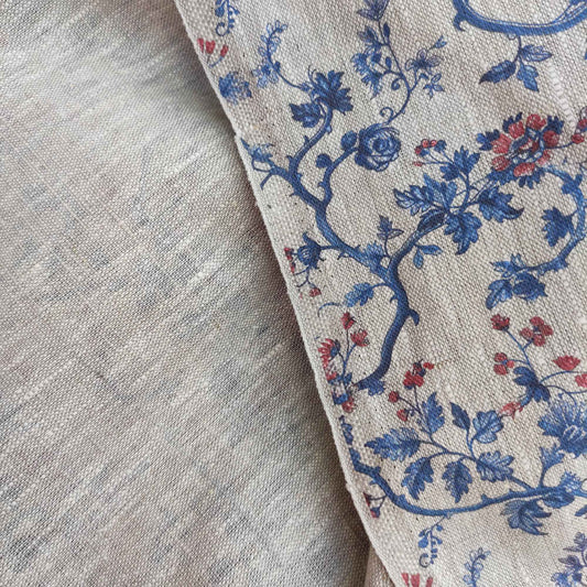 Floral linen fabric with Toile de Jouy print Blue red LL326P - 100% linen