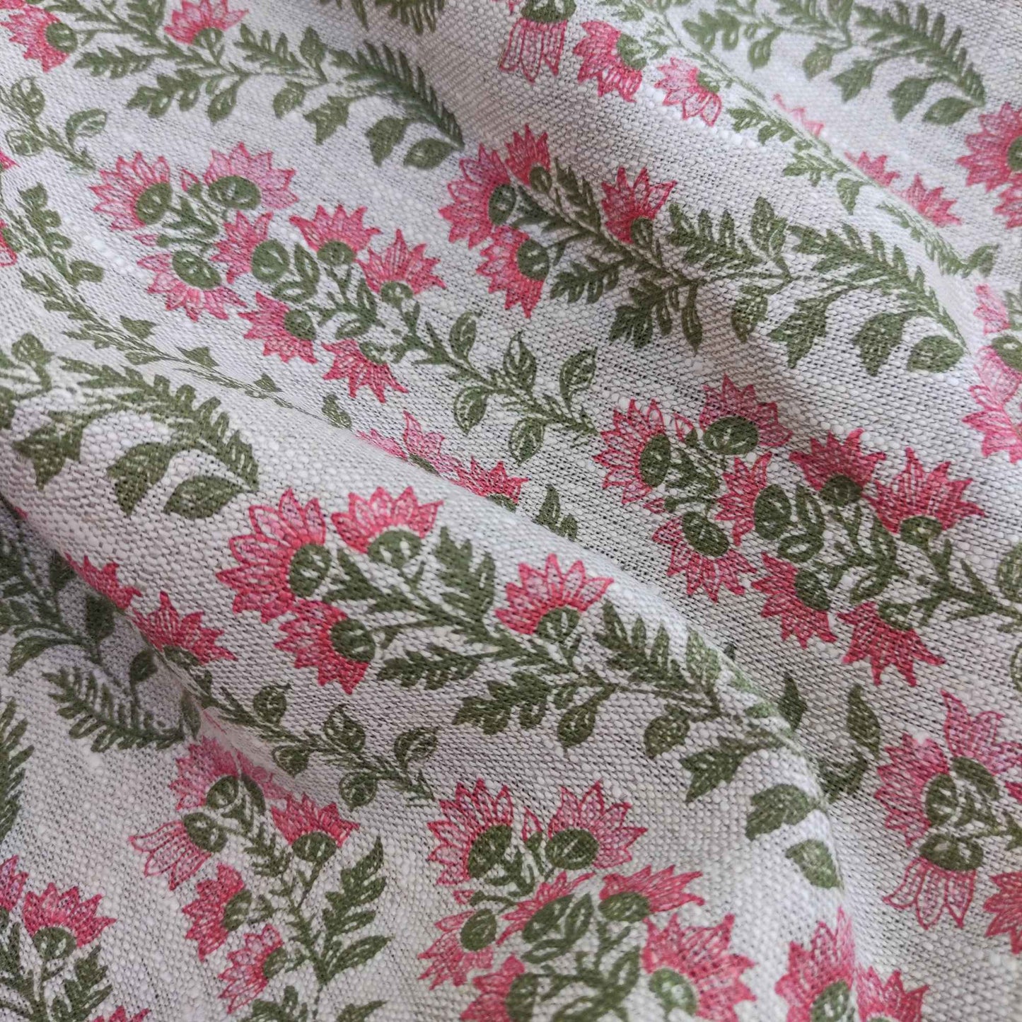 Floral linen fabric with Block print in green pink LL327P - 100% linen