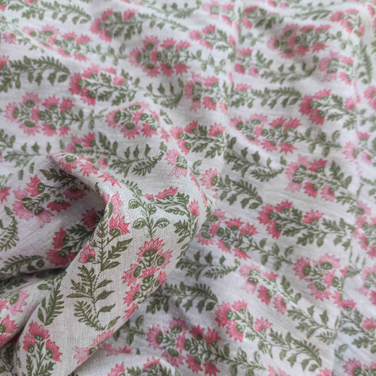 Floral linen fabric with Block print in green pink LL327P - 100% linen