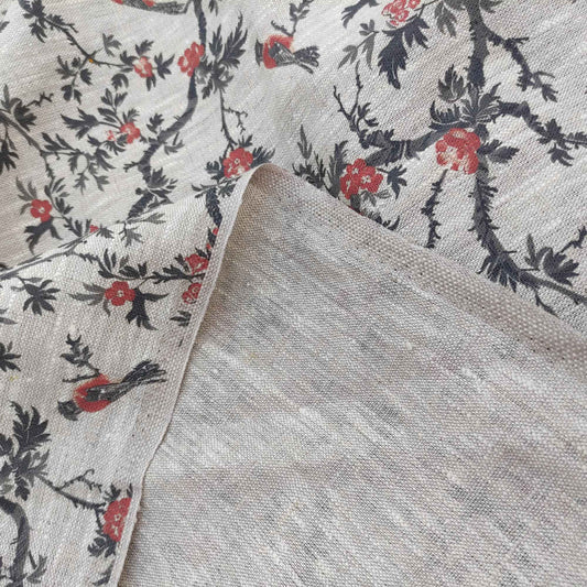 Floral linen fabric with Toile de Jouy black red LL328P - 100% linen