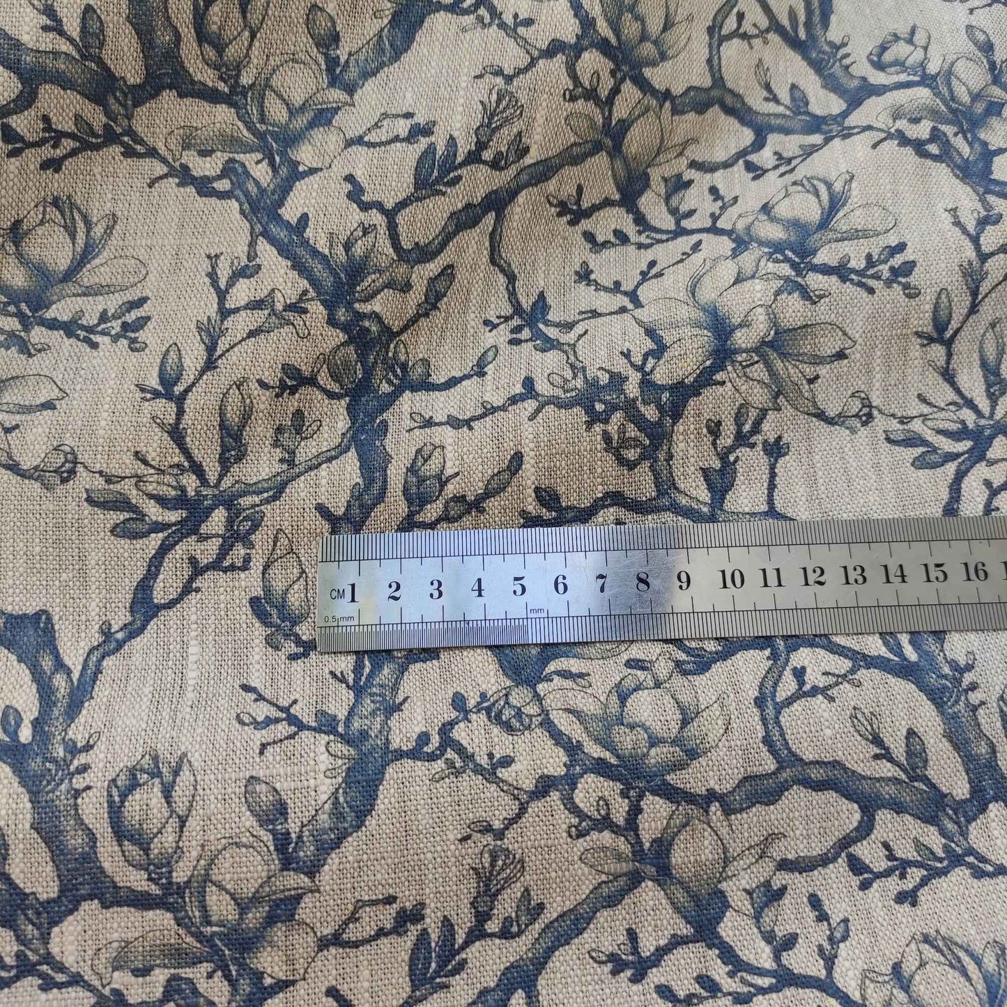 Floral linen fabric with Toile de Jouy Blue Magnolia print LL329P - 100% linen