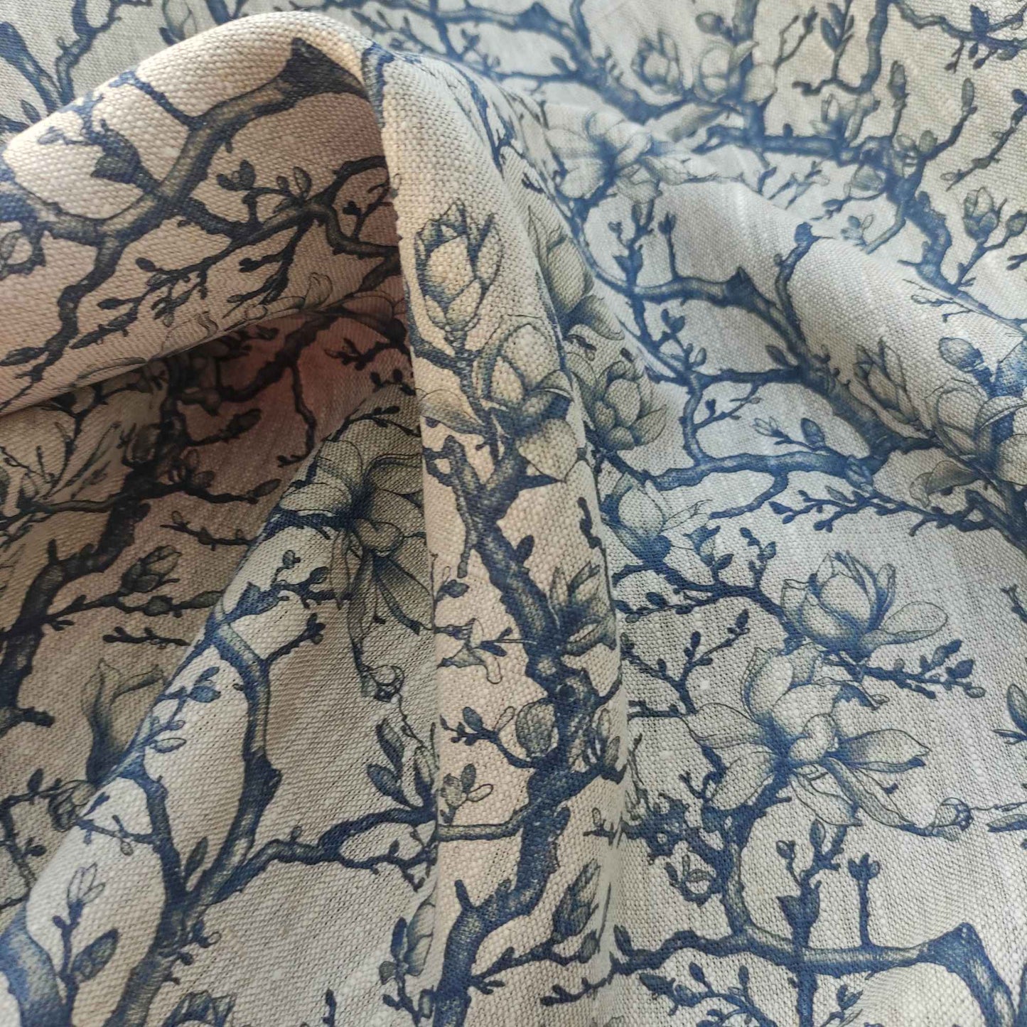 Floral linen fabric with Toile de Jouy Blue Magnolia print LL329P - 100% linen