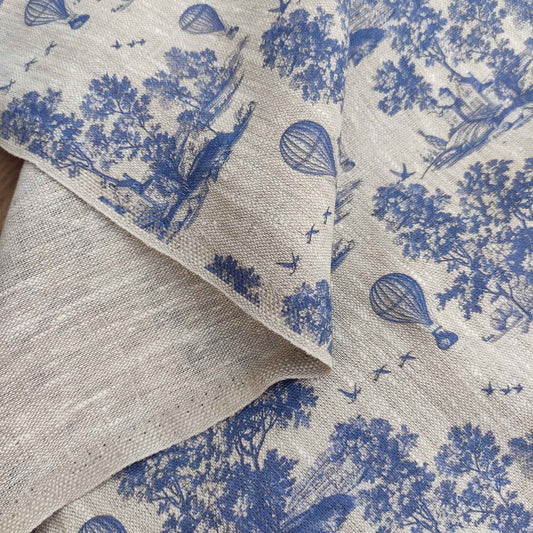 linen fabric Toile de Jouy print with air ballons LL331P - 100% linen with indigo blue print
