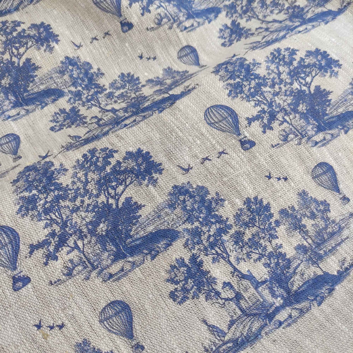 linen fabric Toile de Jouy print with air ballons LL331P - 100% linen with indigo blue print