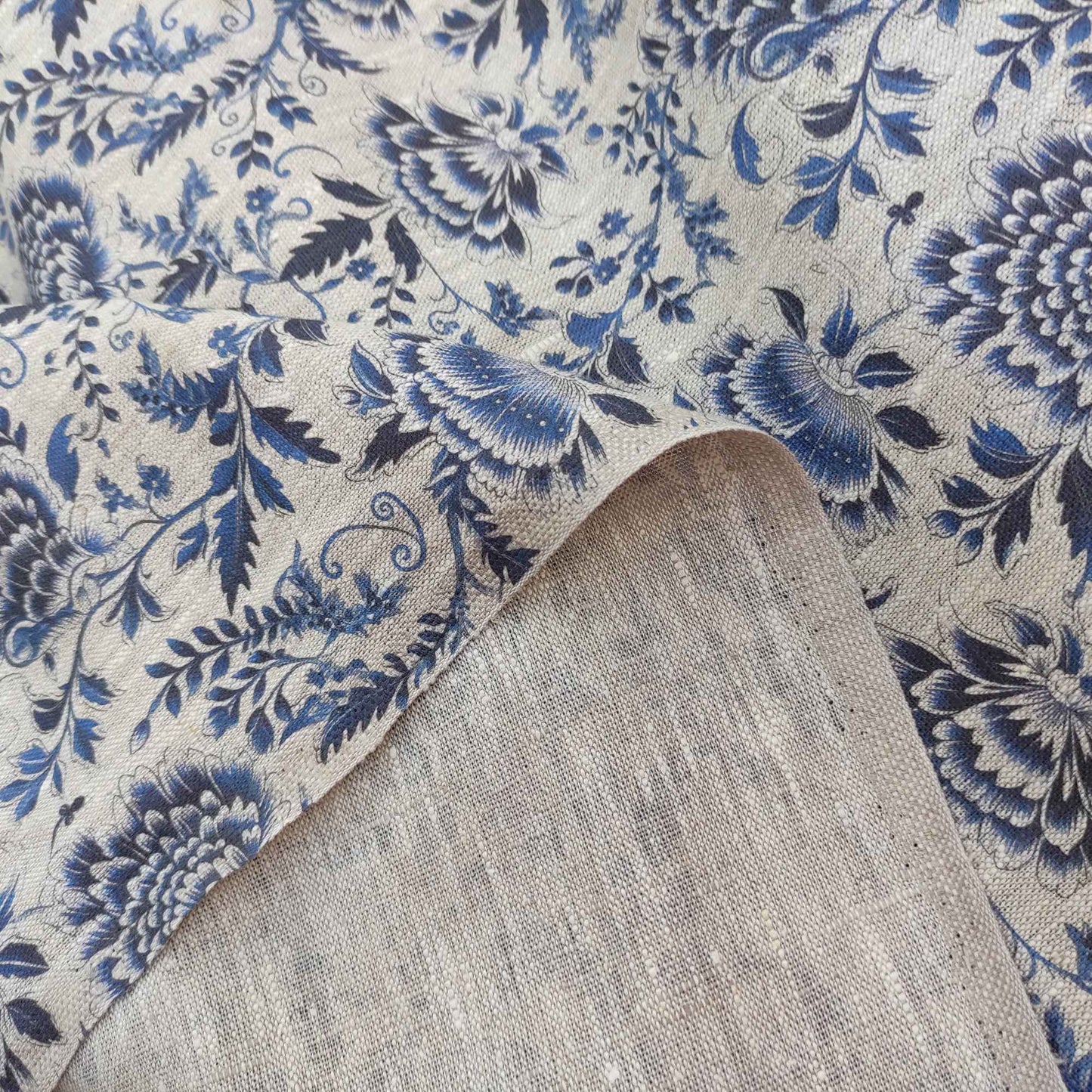 Floral linen fabric with bluel block print on oatmeal linen LL333P - 100% linen