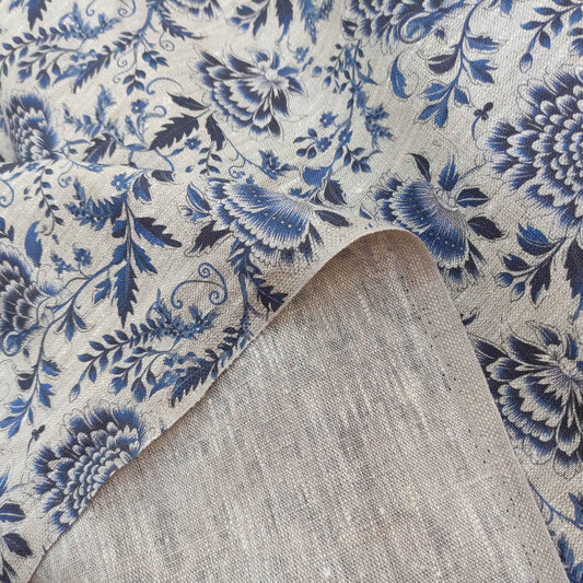 Floral linen fabric with blue block print on oatmeal linen LL333P - 100% linen