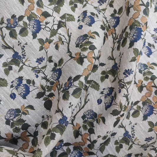 Floral linen fabric with botanical block print on oatmeal linen LL334P - 100% linen