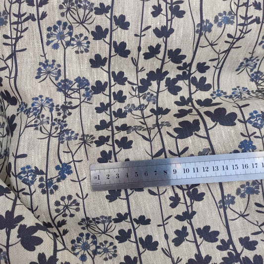 Floral linen fabric with Japandi Kummin print on oatmeal linen LL335P - 100% linen