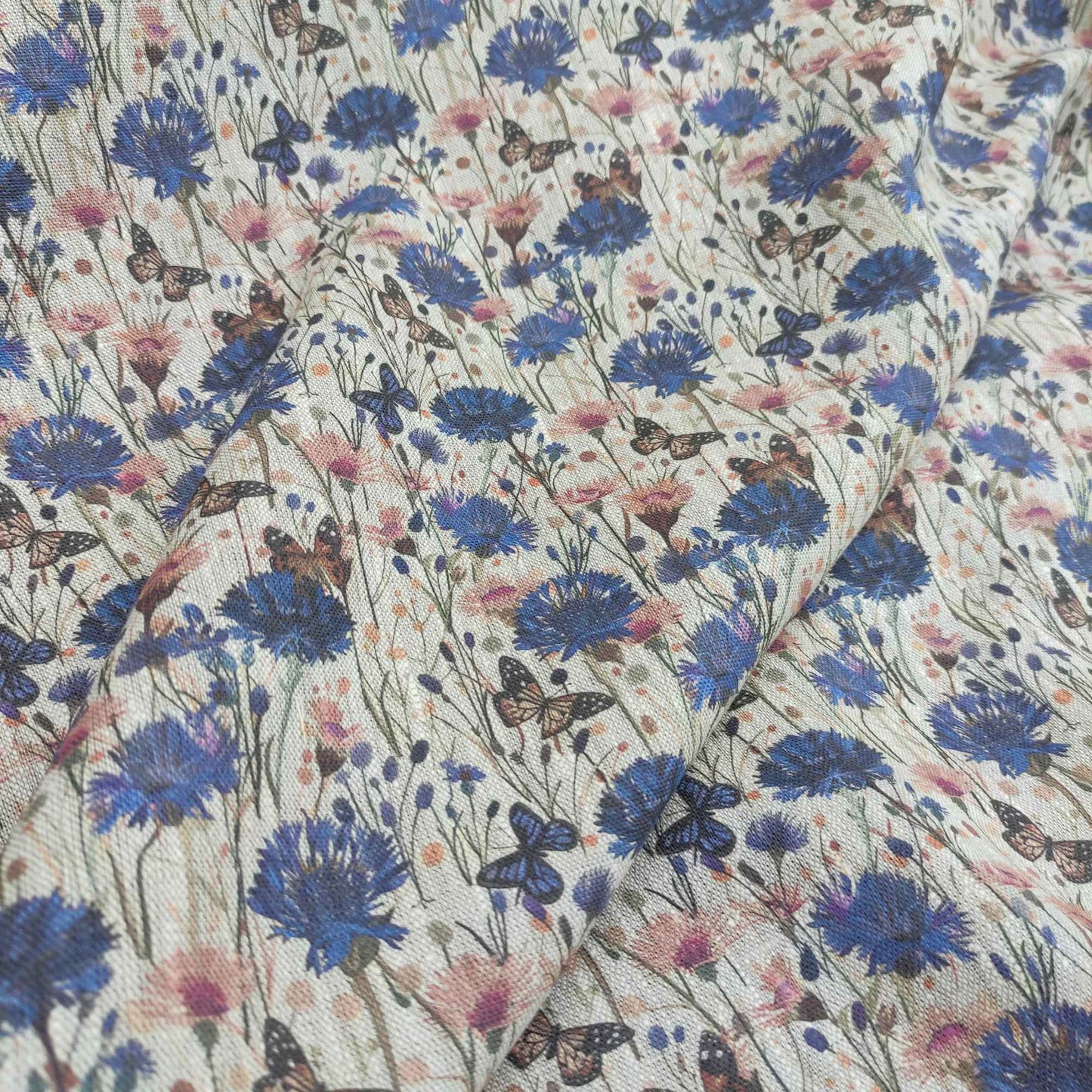 Floral linen fabric with Cornflower medow print on oatmeal linen LL336P - 100% linen