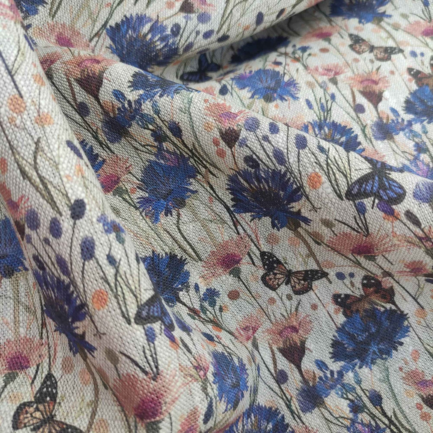 Floral linen fabric with Cornflower medow print on oatmeal linen LL336P - 100% linen