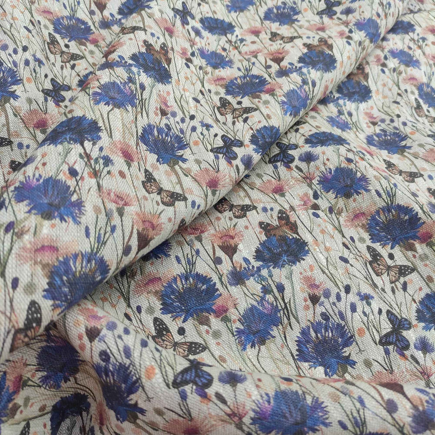 Floral linen fabric with Cornflower medow print on oatmeal linen LL336P - 100% linen