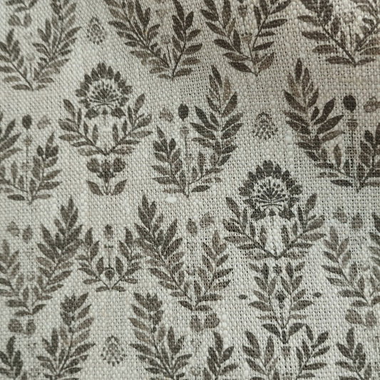 Floral linen fabric with grey block print on oatmeal linen LL368P - 100% linen