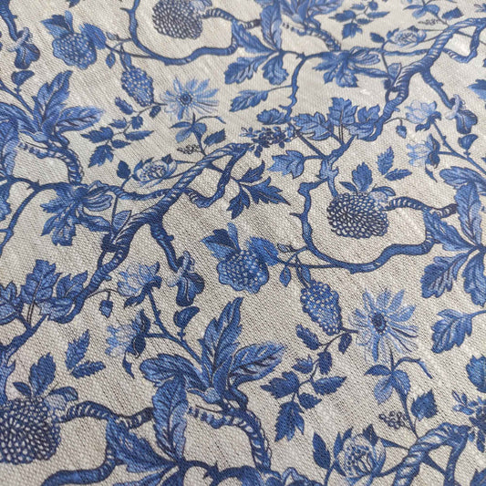 linen fabric Toile de Jouy with tree blossom LL337P - 100% linen with indigo blue print