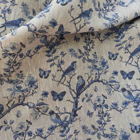 Floral linen fabric - Toile de jouy Tree with birds and butterflies print on oatmeal linen LL341P