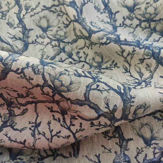 Floral linen fabric - Blue Magnolias print on oatmeal linen LL342P
