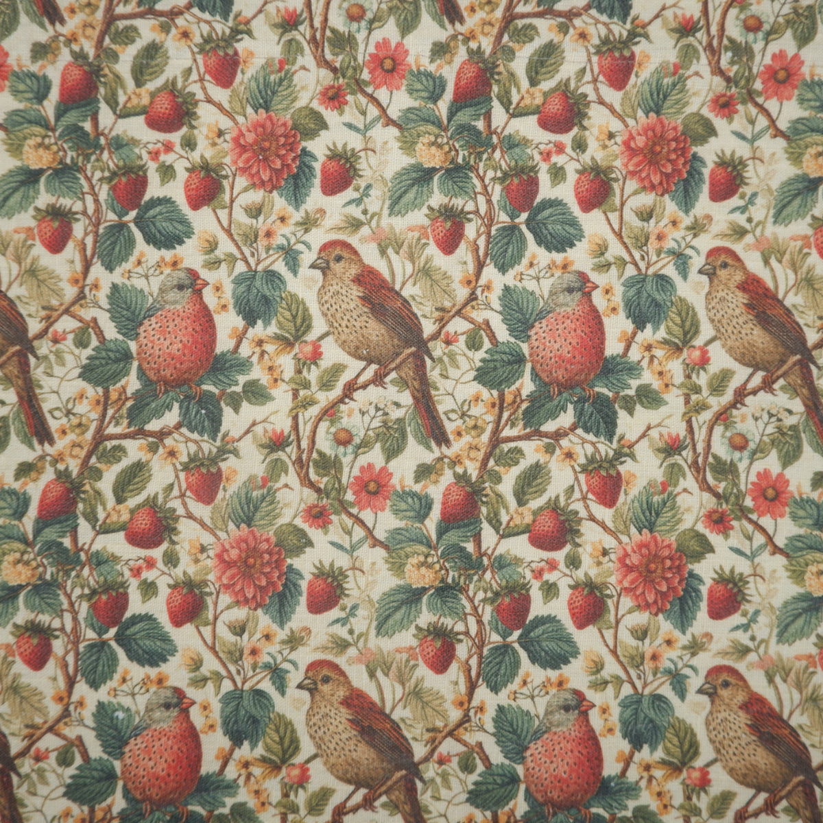 Birds and strawberries - Printed linen fabric - LL349P