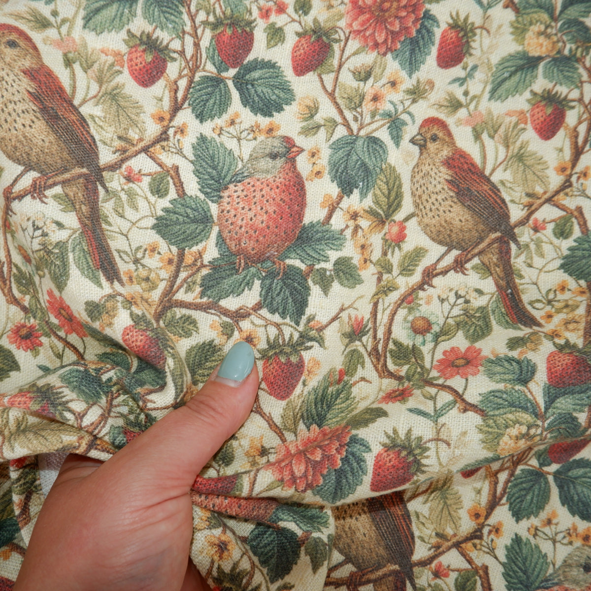 Birds and strawberries - Printed linen fabric - LL349P