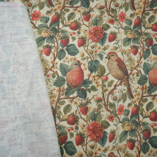 Birds and strawberries - Printed linen fabric - LL349P