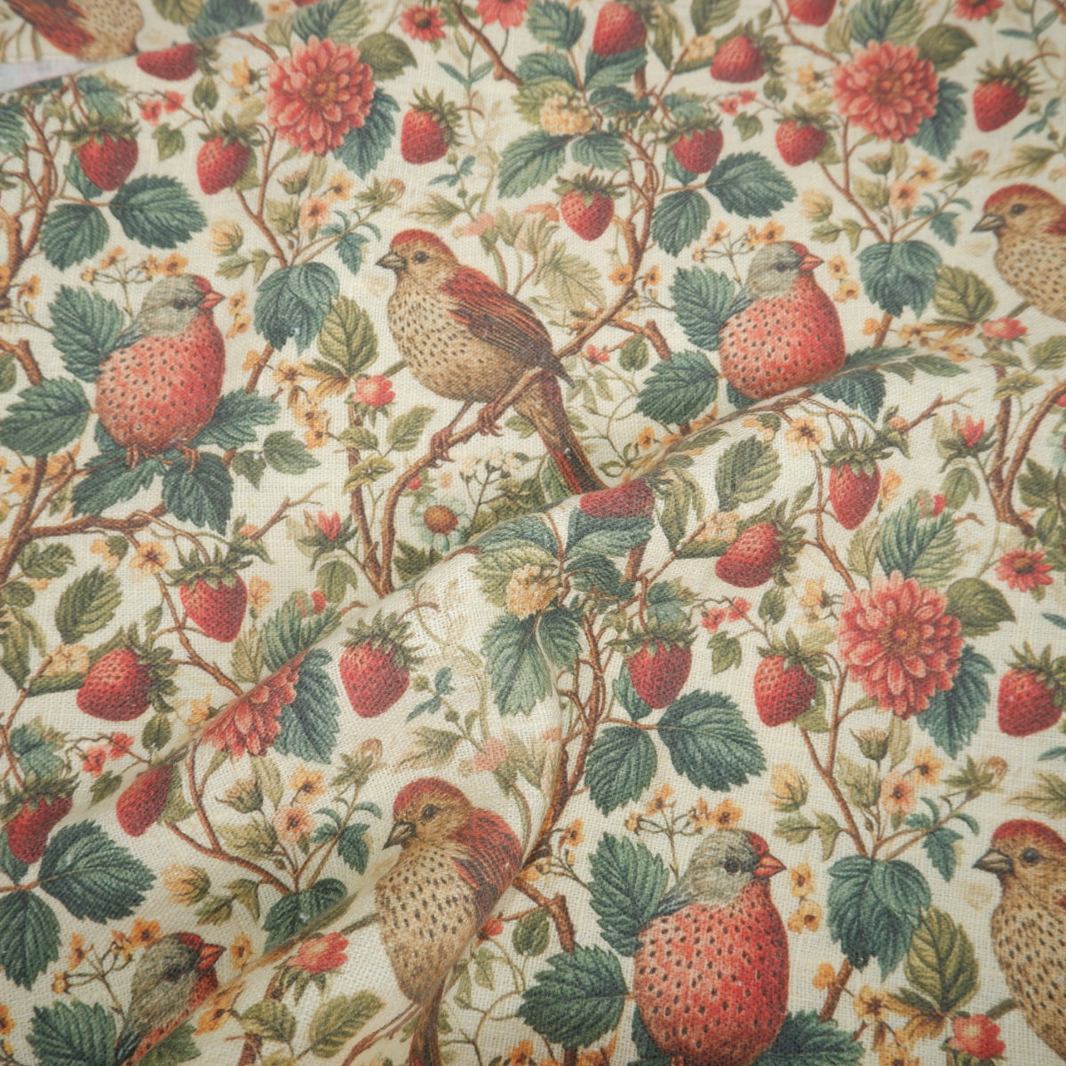 Birds and strawberries - Printed linen fabric - LL349P
