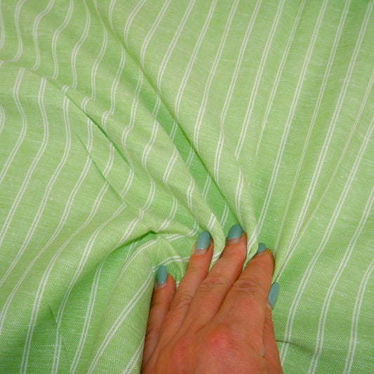 Green and white stripes - linen fabric - T107
