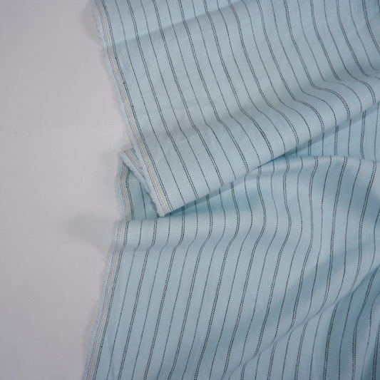 Black stripes on baby blue linen - linen fabric - T144