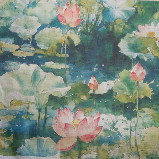 Water Lilly print on green - Printed linen fabric - LL2222P