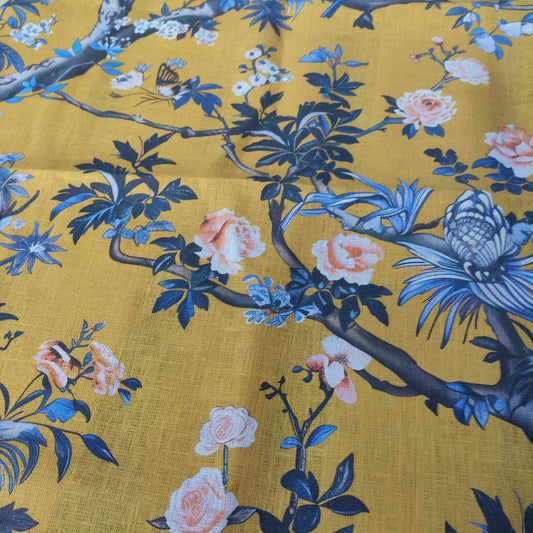 Mustard Toile de jouy with birds on trees Printed linen fabric - LL367P