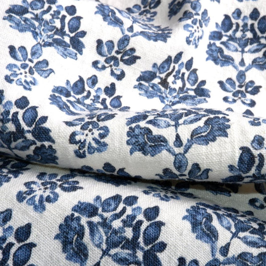 Blue block print on white - Printed linen fabric - LL348P
