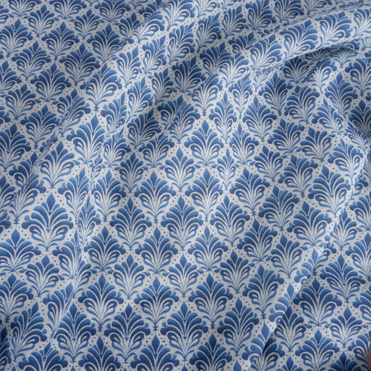 Blue block print on white - Printed linen fabric - LL2053P