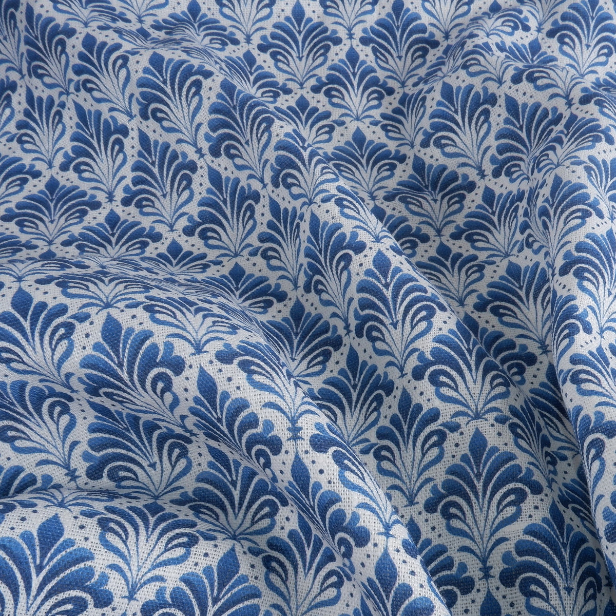 Blue block print on white - Printed linen fabric - LL2053P