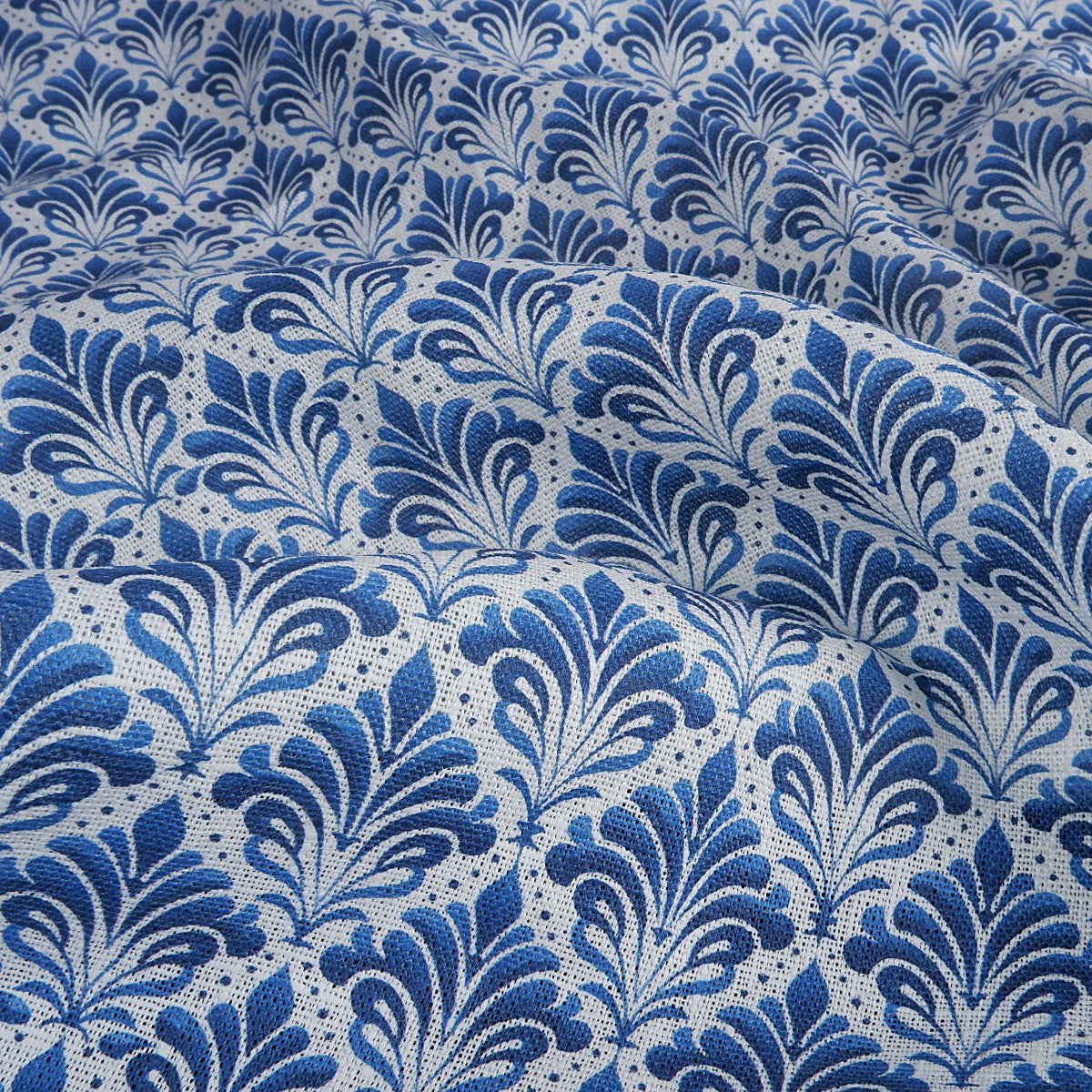 Blue block print on white - Printed linen fabric - LL2053P