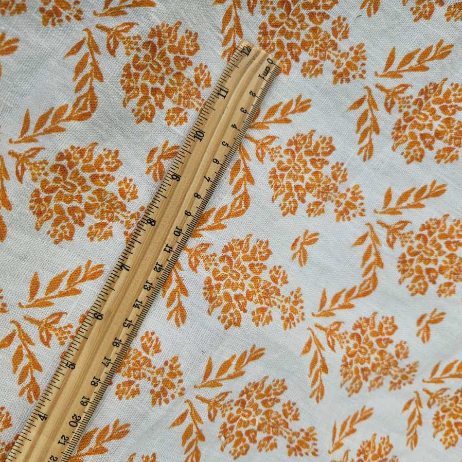 100% Linen fabric Mustard yellow Block print on white - Carmen 2183