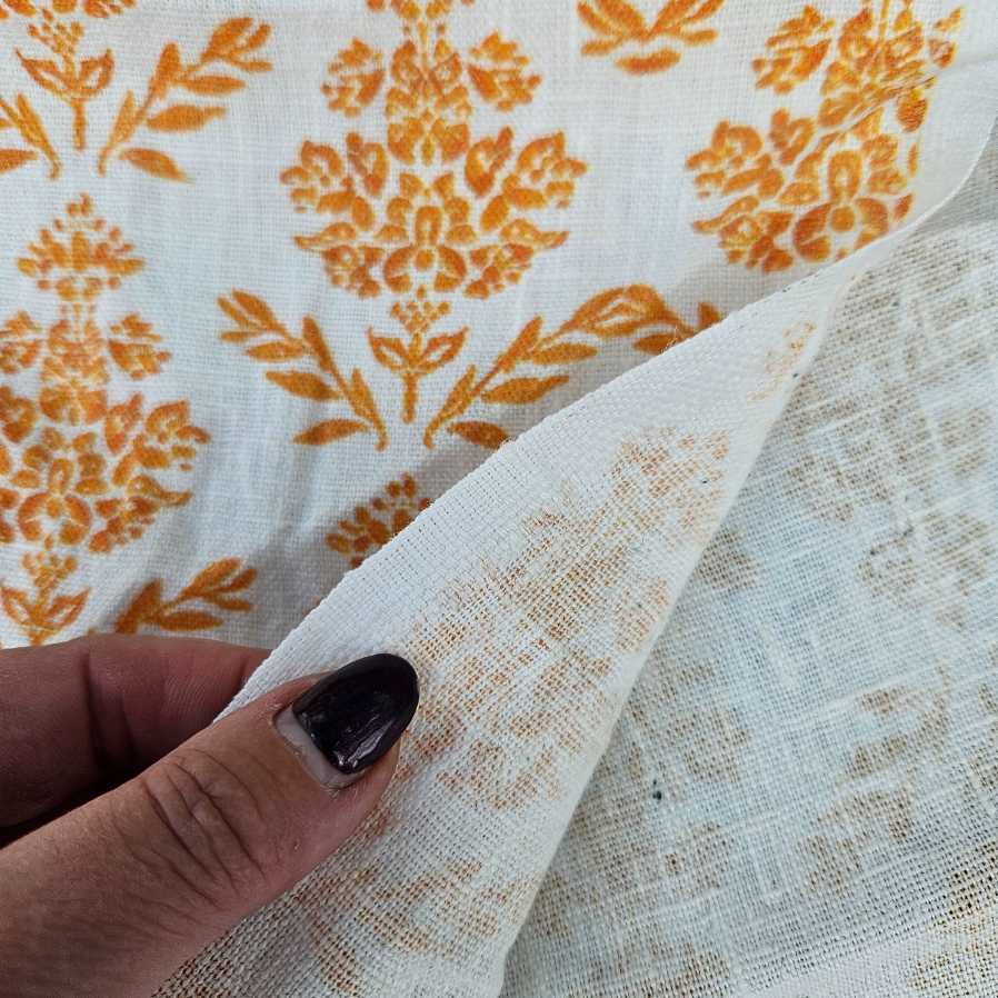 100% Linen fabric Mustard yellow Block print on white - Carmen 2183